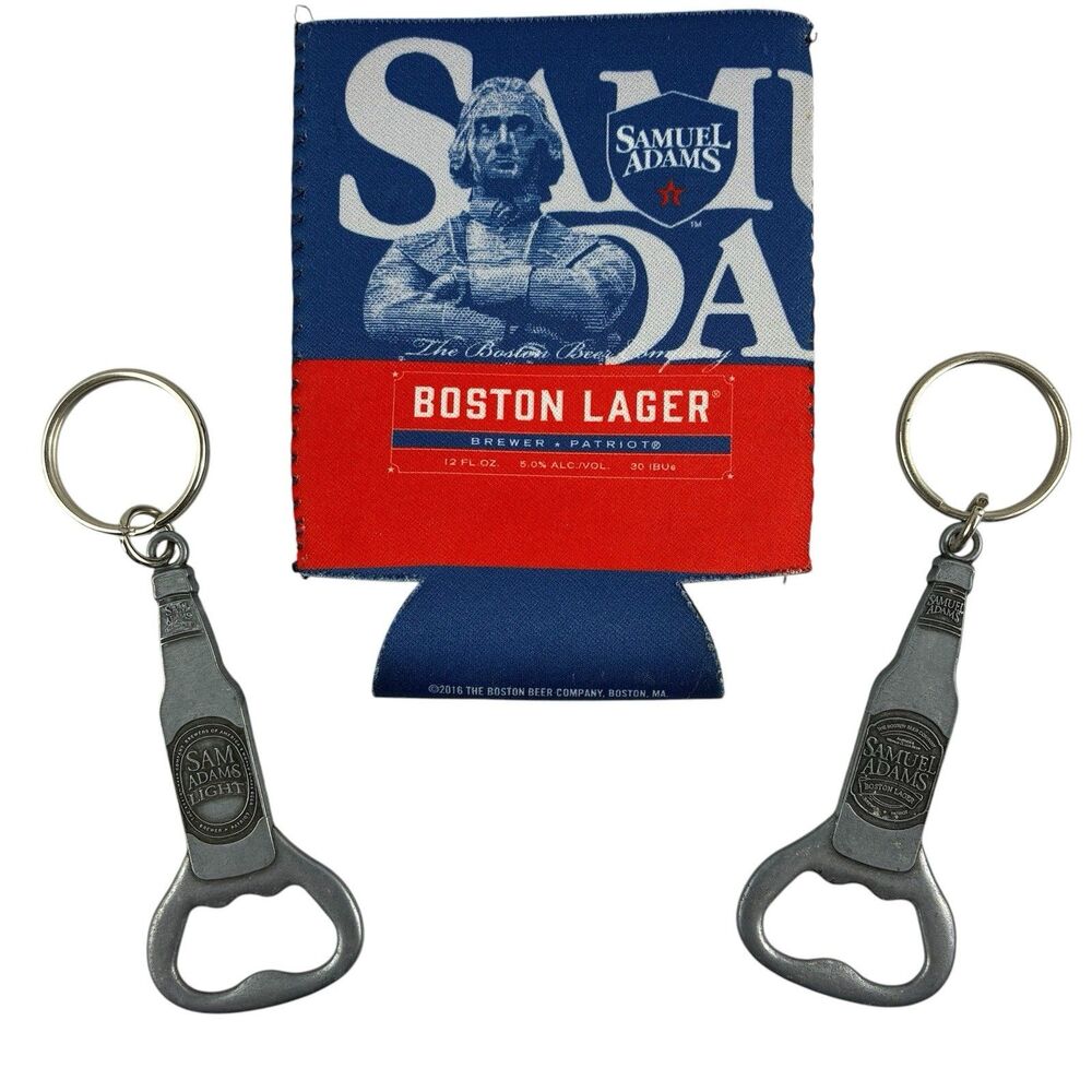 Samuel Adams Boston Lager Beer Koozie & 2 Metal Bottle Opener Keychain Sam Adams